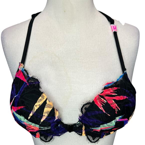 VS PINK Push Up Bra 34B Black Lace Tropical Halter Racerback Front Closure NEW - Picture 1 of 9